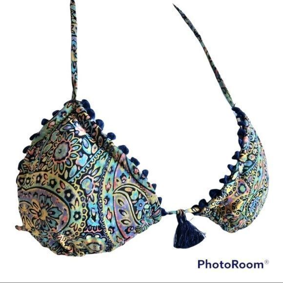 Victoria's Secret Other - Victoria’s Secret navy blue multi color triangle top with tassel ties small